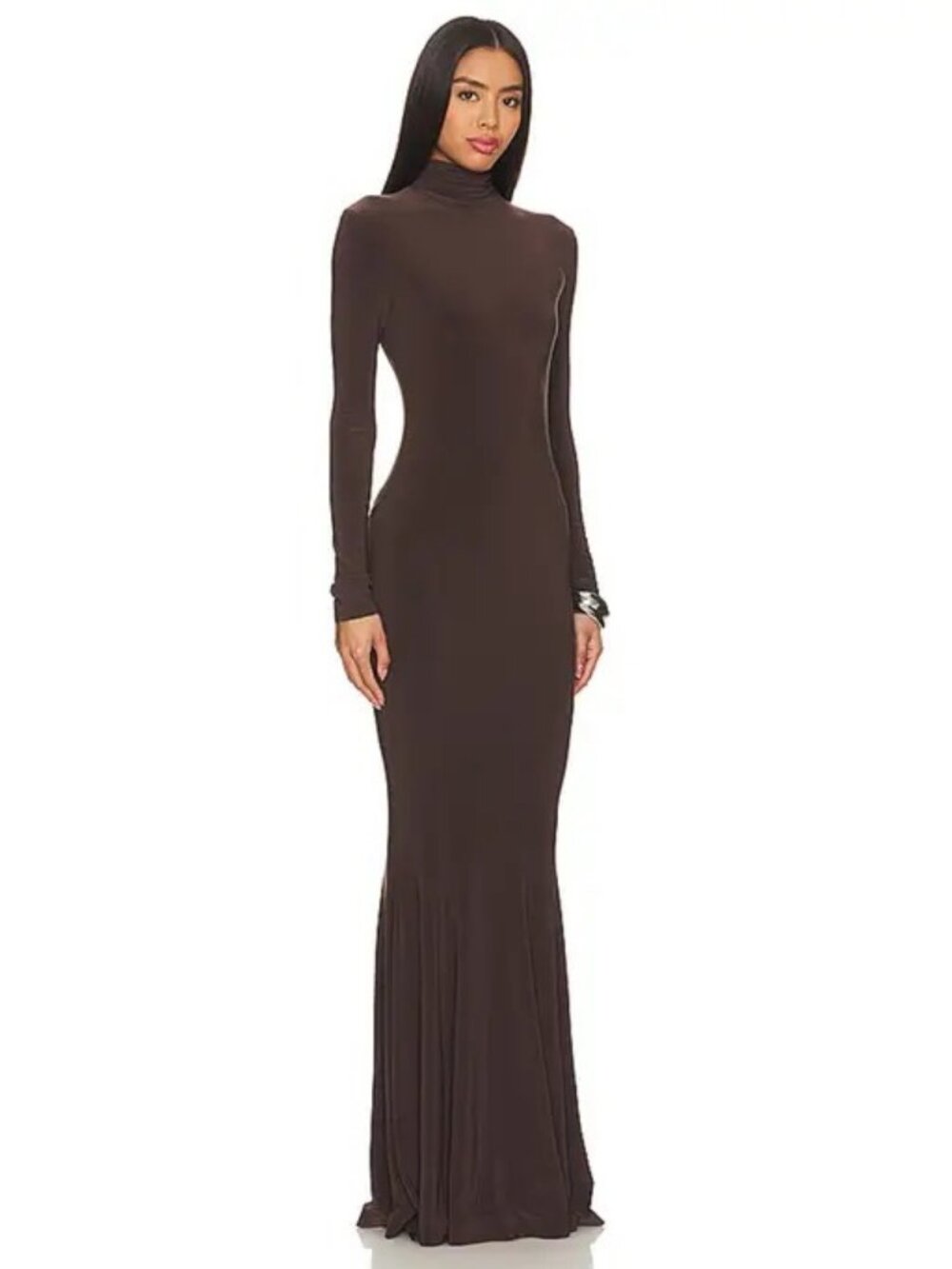Norma Kamali Long Sleeve Turtle Fishtail Gown Chocolate Size XS